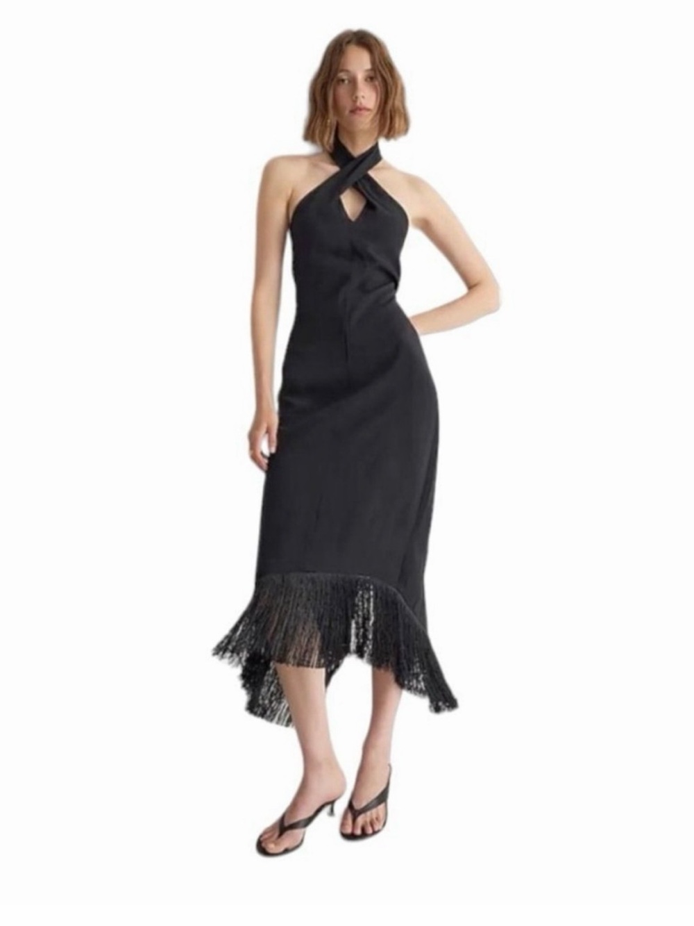 Like New- J. Crew Black halter dress with Fringe-Hem -Midi Dress